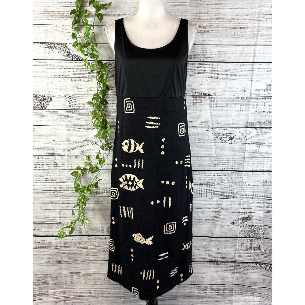 Molly Malloy Dress size 8 Petite Black Tan Fish Aztec Midi Artsy Teacher School
